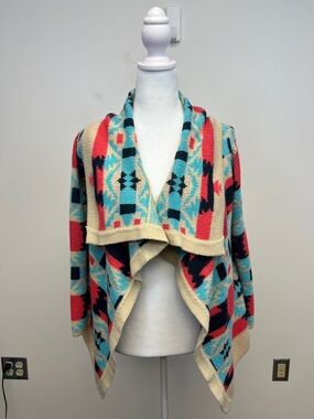 Kate Collection Women's Red Blue Cream Geometric Aztec Cardigan Sweater Small
